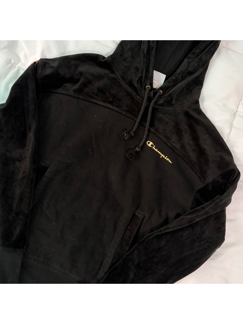 champion black velour & gold sweatshirt hoodie soft velvet xs